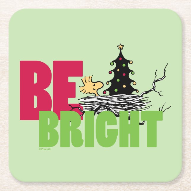 Peanuts | Woodstock Christmas Be Bright Square Paper Coaster (Front)
