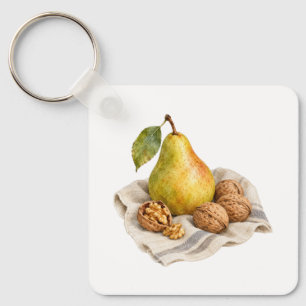 Pear and Walnuts on a Linen Cloth Keychain