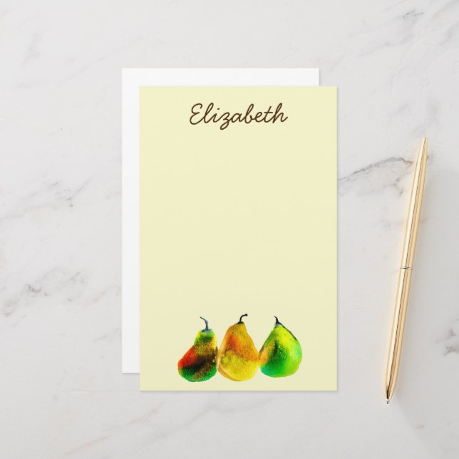 Pear art cute watercolor fruit stationery (Front/Back In Situ)