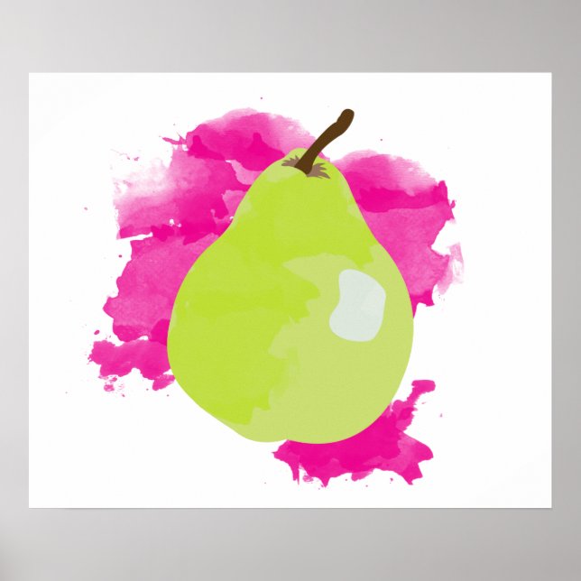 Pear Illustration with Pink Watercolor Splash Poster (Front)