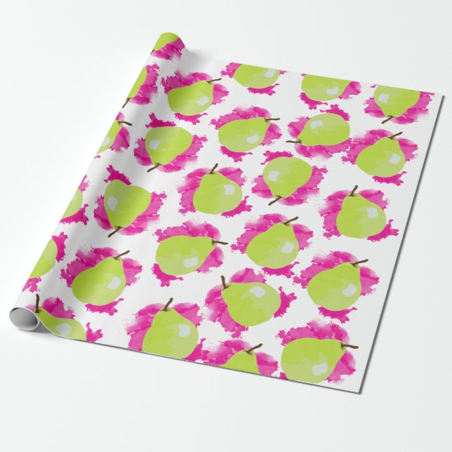Pear Illustration with Pink Watercolor Splash  Wrapping Paper (Unrolled)