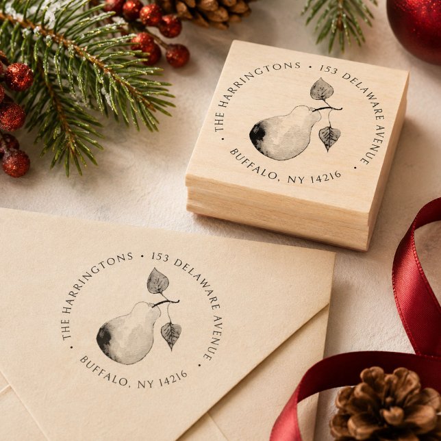 Pear Return Address Round Hand-Illustrated Rubber Stamp (This elegant pear address stamp features my own original art ringed by typography in a circle.)