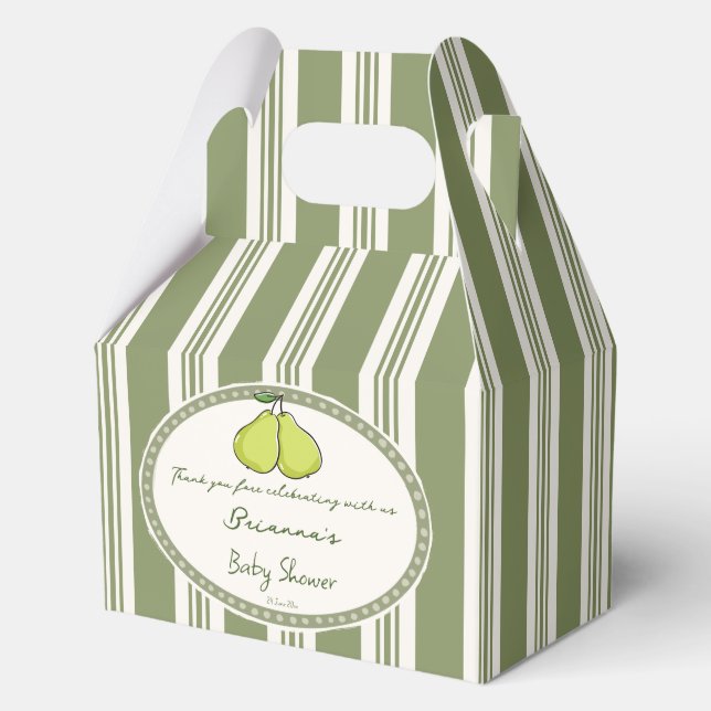 Pear sage green retro stripes baby shower custom favor box (Front)