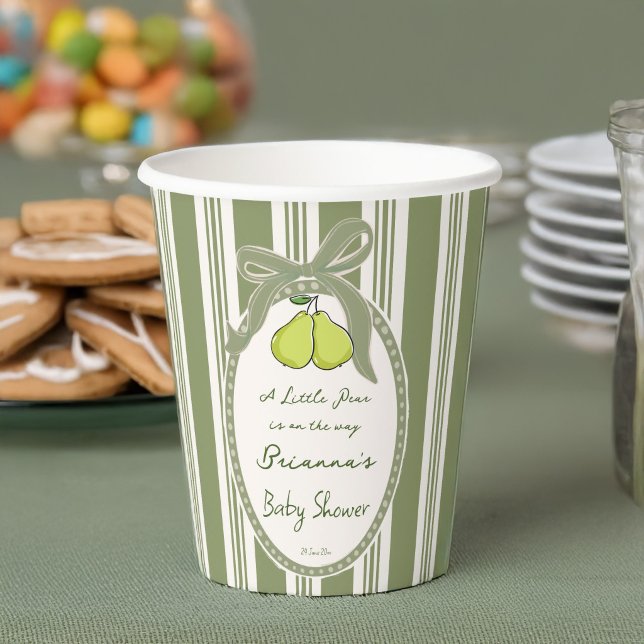 Pear sage green retro stripes baby shower custom paper cups (Pear sage green retro stripes baby shower custom paper cups personalized pear baby shower decor)
