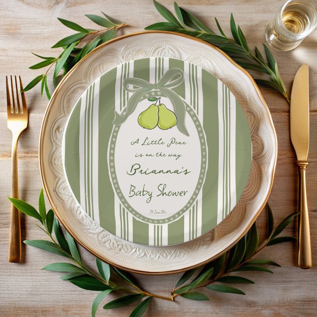 Pear sage green retro stripes baby shower custom paper plate (Pear sage green retro stripes baby shower custom paper plates personalized table decor)