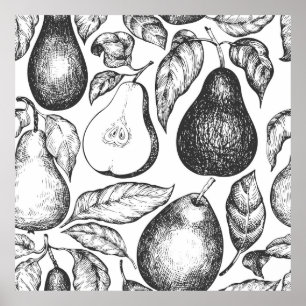Pear seamless pattern. Hand drawn vintage garden f Poster