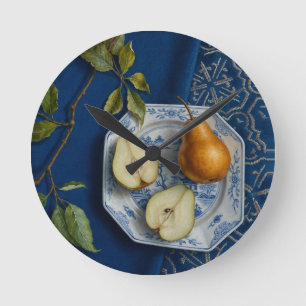 Pear Still Life Blue Textile Oil Painting Round Clock