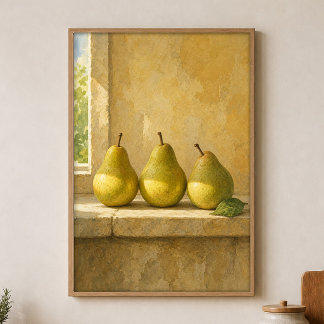 Pear Trio on a Sill Watercolour Cottagecore Poster