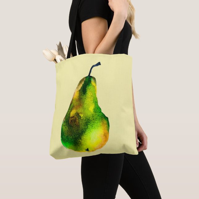 Pear watercolor green fruit tote bag (Close Up)