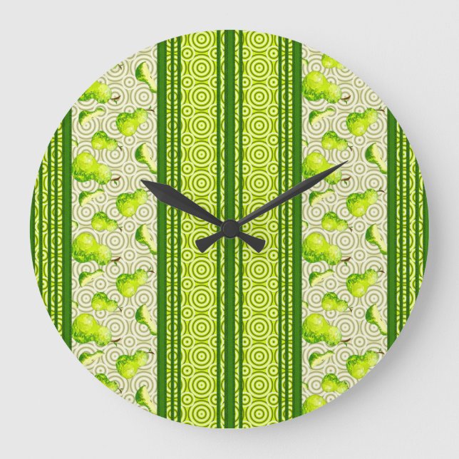 Pear Watercolor Stripes and Circles Large Clock (Front)