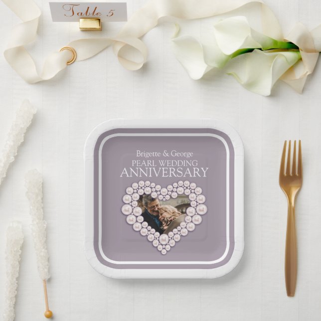 Pearl 30th Wedding Anniversary photo heart Paper Plate (Wedding)
