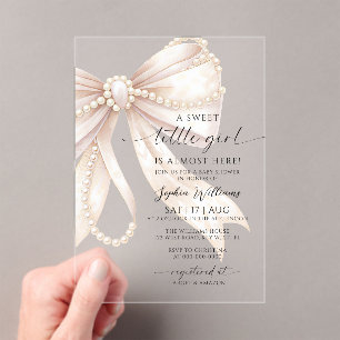 Pearl and Bow Sweet Little Girl Baby Shower Acrylic Invitations