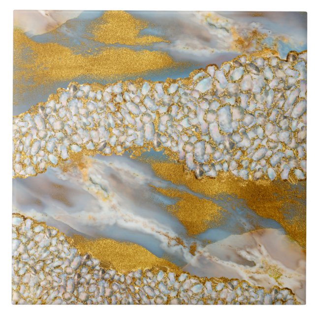 Pearl and Gold Cluster on Marble Tile (Front)