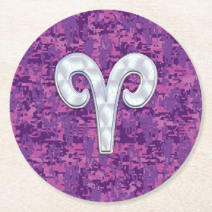 Pearl Aries Zodiac Sign on Pink Digital Camo Decor Round Paper Coaster