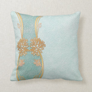 Pearl Blue Golden Leaf Floral Scrapbook Throw Pillow