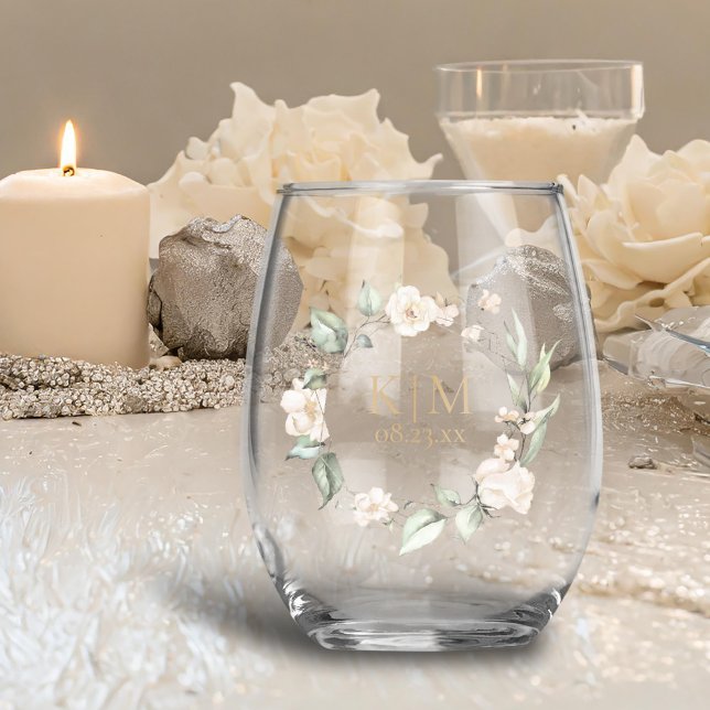 Pearl Blush Floral Elegance Border Wedding ID989 Stemless Wine Glass (Creator Uploaded)