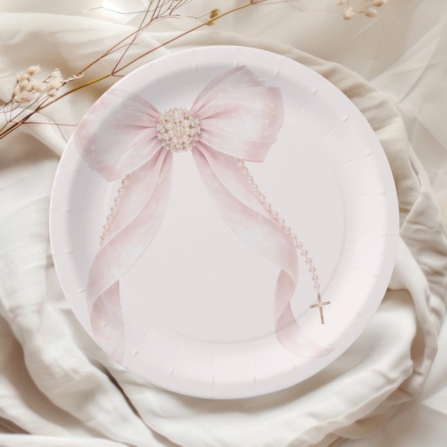 Pearl Blush Pink Bow Gold Cross Baptism Paper Plate (Creator Uploaded)