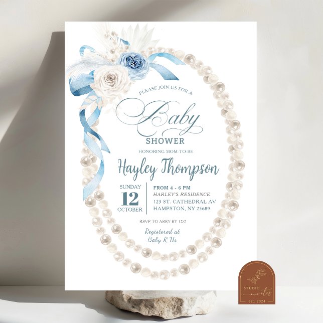 Pearl Boho Blue Floral Baby shower Invitation (Créateur téléchargé)