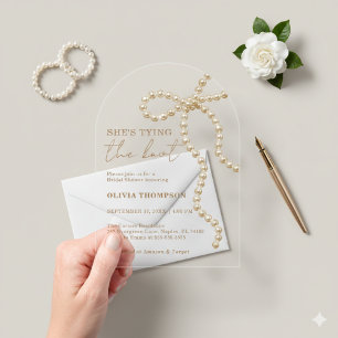 Pearl Bow Arch She's Tying the Knot Bridal Shower Acrylic Invitations