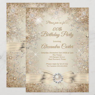 Pearl Bow Beige Cream Gold Snowflake Birthday Invitation