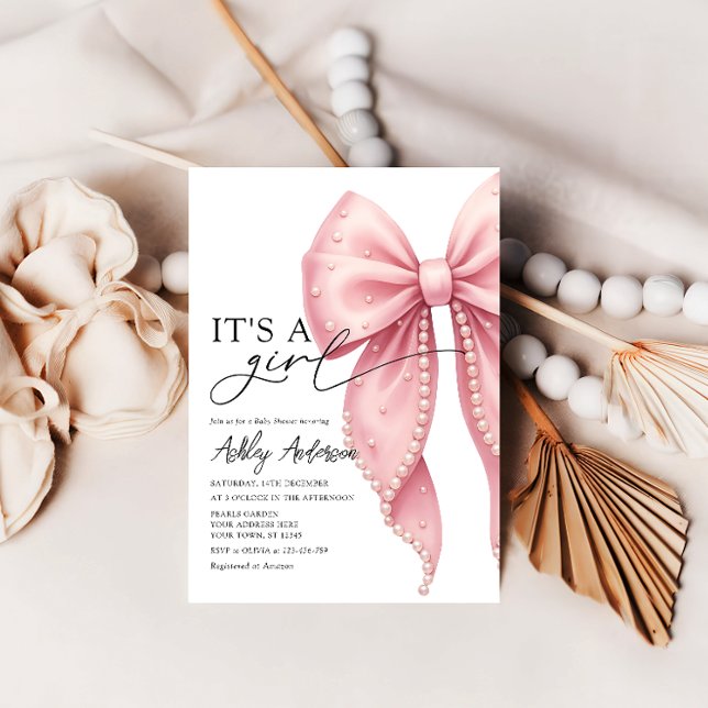 Pearl Bow Its a Girl Pink Baby Shower Invitation (Creator Uploaded)