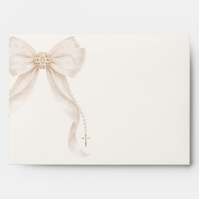 Pearl Bow Ivory Gold Cross Baptism Envelope (Front)