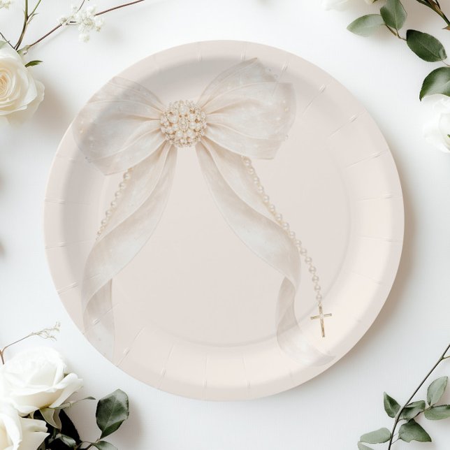 Pearl Bow Ivory Gold Cross Baptism Paper Plate (Creator Uploaded)