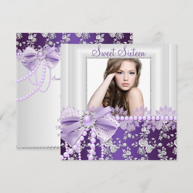 Pearl Bow & Lace Purple Photo Sweet 16 Invitation (Front/Back)