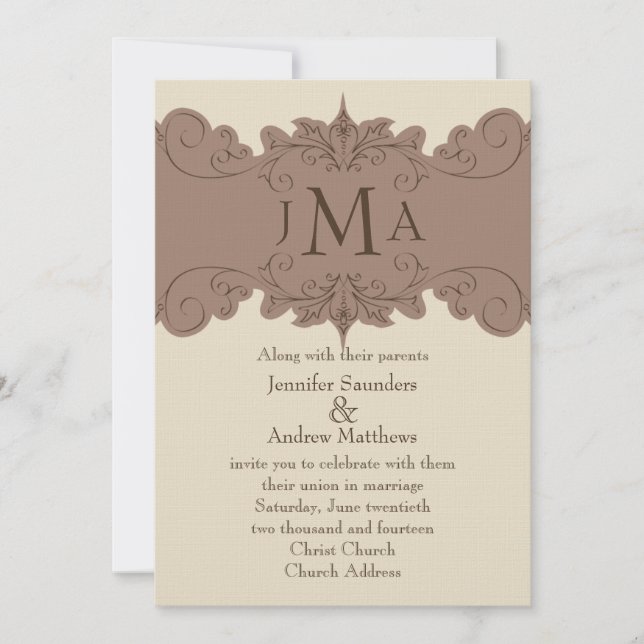 Pearl, Brown Vintage Swirls Wedding Invitations (Front)