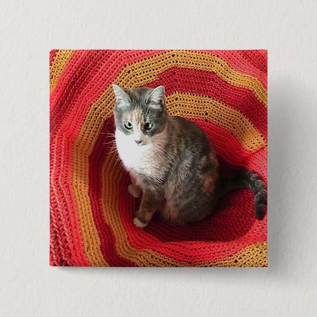 Pearl Cat on Afghan 2 Inch Square Button (Front)