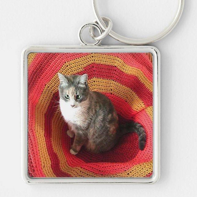 Pearl Cat on Afghan Keychain (Front)