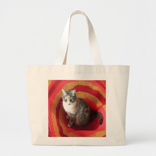 Pearl Cat on Afghan Large Tote Bag (Front)