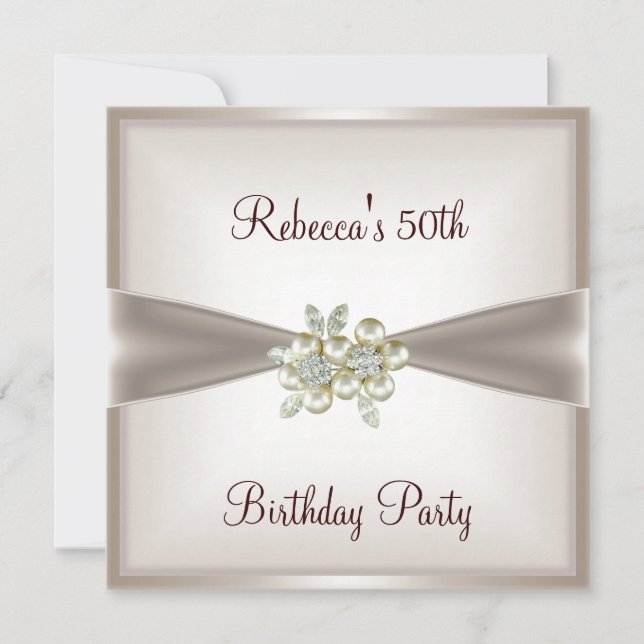 Pearl Cream Floral 50th Birthday Party Event Invitation (Front)
