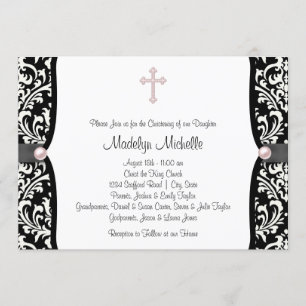 Pearl Cross Pink Black Damask Christening Invitation