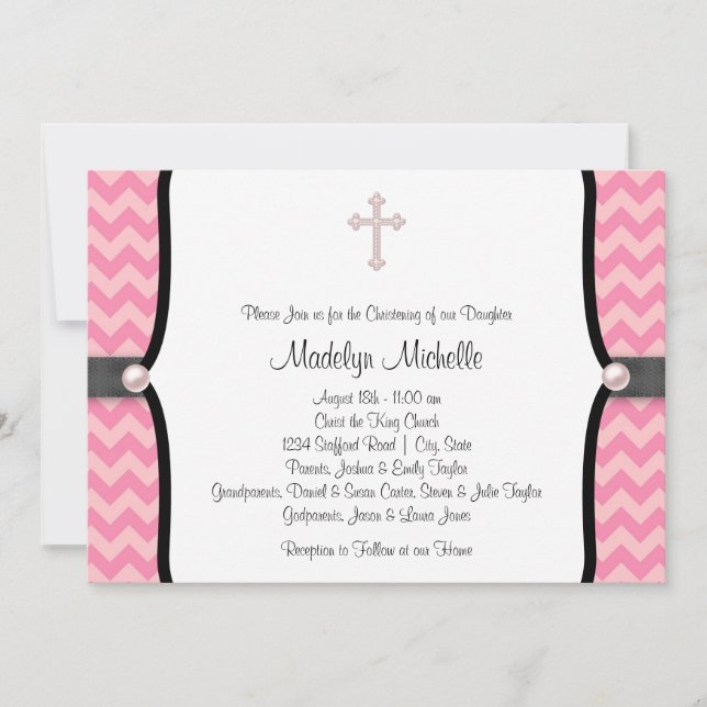 Pearl Cross Pink Chevron Christening Invitation (Front)