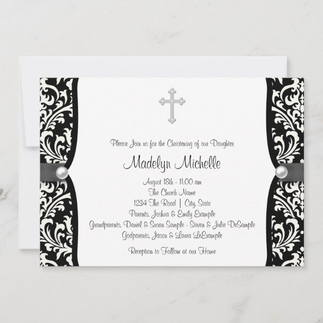 Pearl Cross White and Black Damask Christening Invitation (Front)
