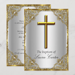 Pearl Damask Cross Baptism Silver Gold Invitation