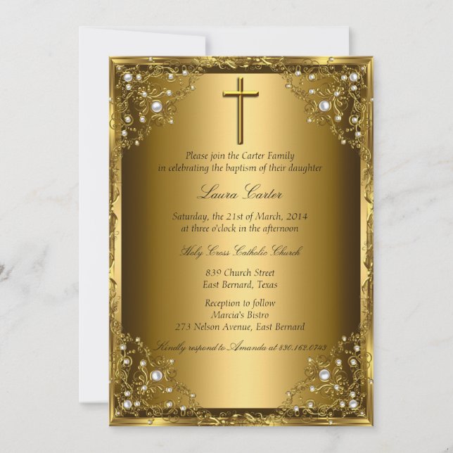 Pearl Damask & Cross Gold Baptism Invitation (Front)