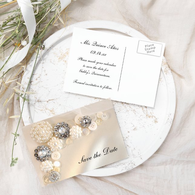 Pearl Diamond Buttons Quinceañera Save the Date Announcement Postcard (Creator Uploaded)