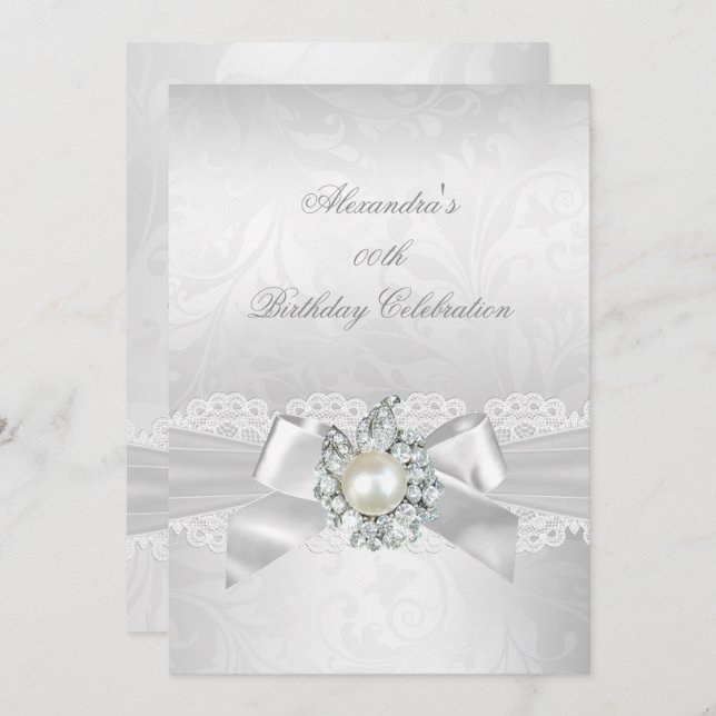 Pearl Diamond Lace White Bow Damask Silver Party Invitation (Front/Back)