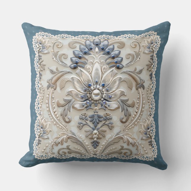 Pearl Elegance: Crystal Embroidered Pattern Throw  Pillow (Front)