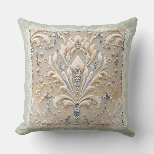 Pearl Elegance: Crystal Embroidered Pattern Throw  Pillow (Front)