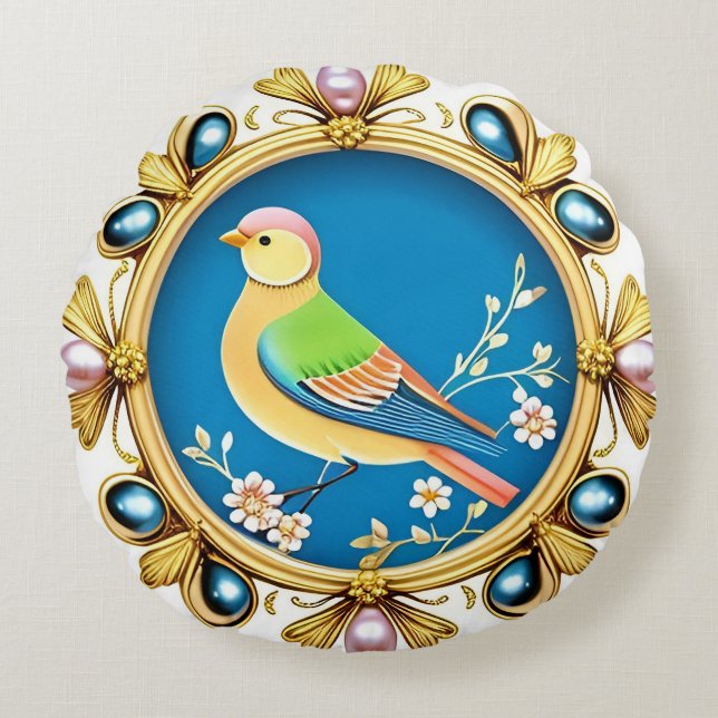 🐦 Pearl Frame Bird Round Pillow Elegant Decor 🌸✨ (Front)