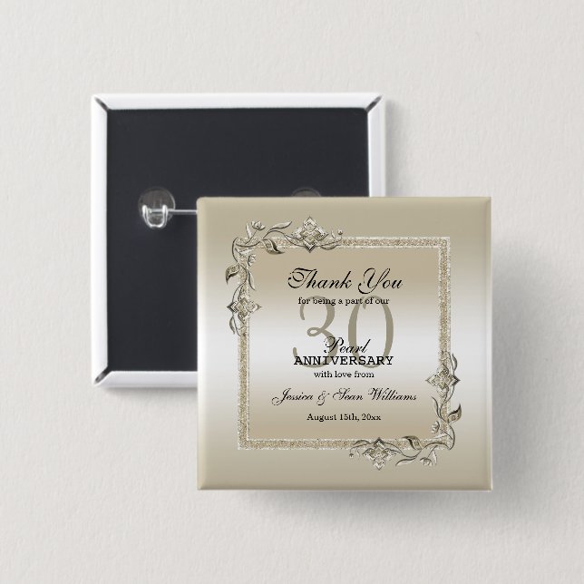 Pearl Gem & Glitter 30th Wedding Anniversary   2 Inch Square Button (Front & Back)