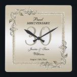 Pearl Gem & Glitter 30th Wedding Anniversary   Square Wall Clock<br><div class="desc">Glamourous and elegant posh 30th Pearl Wedding Anniversary wall clock with stylish pearl gem stone jewels corner decorations and matching coloured glitter border frame. A romantic design for your celebration. All text, font and font colour is fully customizable to meet your requirements. If you would like help to customize your...</div>