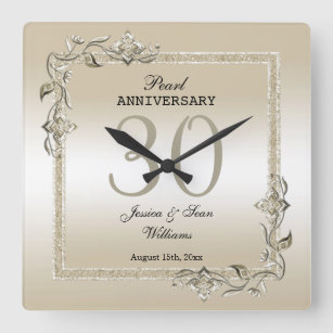 Pearl Gem & Glitter 30th Wedding Anniversary   Square Wall Clock