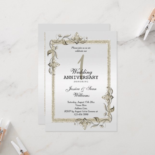 Pearl Gem & Glitter & Platinum 1st Wedding   Invitation (Front/Back In Situ)