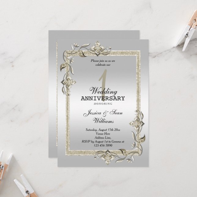 Pearl Gem & Glitter & Silver 1st Wedding   Invitation (Front/Back In Situ)