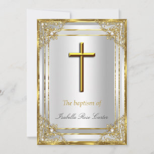 Pearl Gold White Cross Baptism/Christening Invitation
