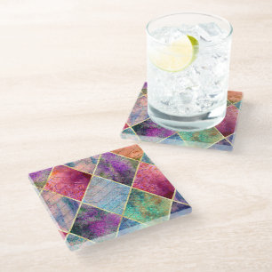 Pearl Harlequin Herringbone Trippy Hippie Rainbow Glass Coaster
